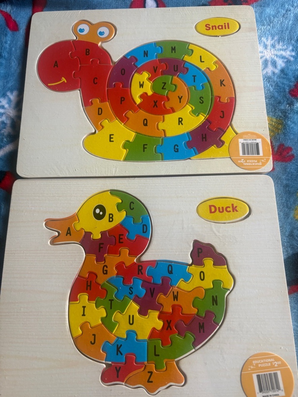Colorful Alphabet Snail & Duck Wooden Puzzle Set - Kids Toys